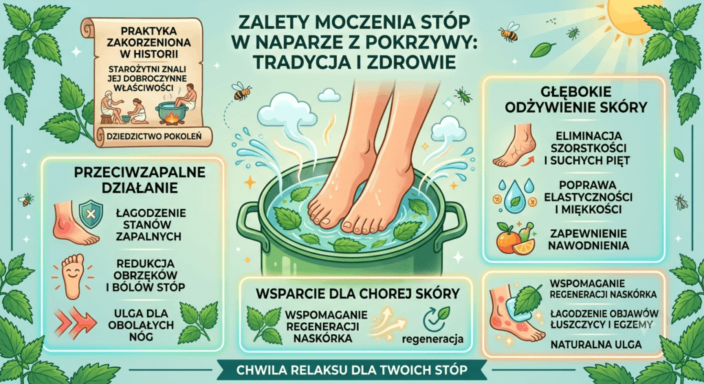 moczenie stop w pokrzywie na co pomaga - infografika