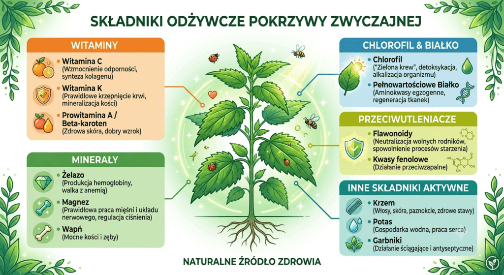 pokrzywa skladniki mineraly witaminy - infografika
